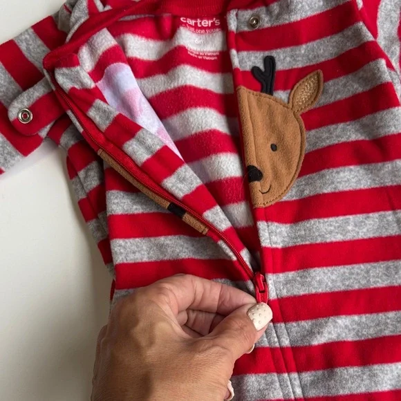 Red and Gray Striped Footed Reindeer Kids One Piece size 6 months Christmas - Picture 4 of 4